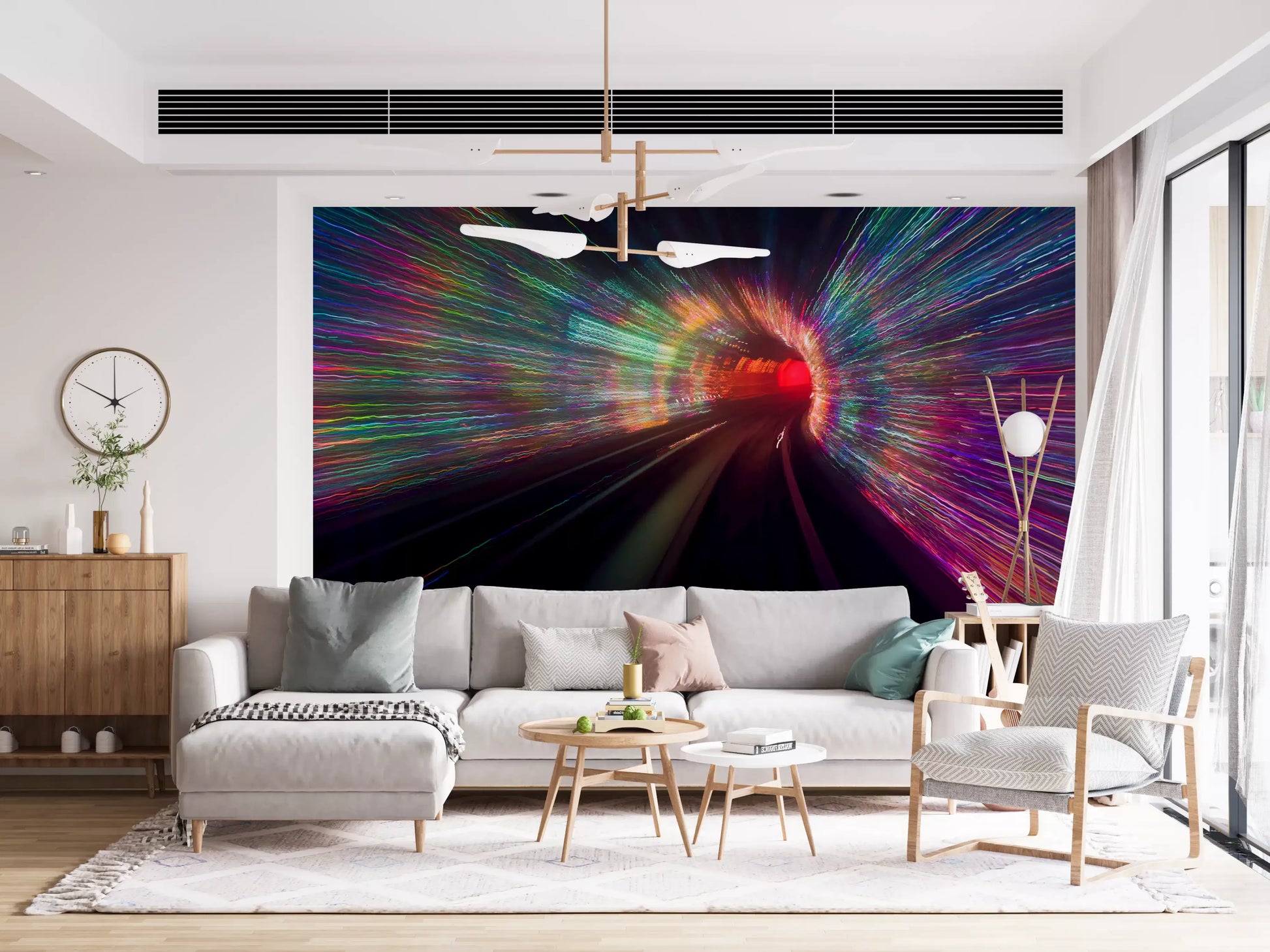 Living room with the streaking Warp Speed Lights wall mural