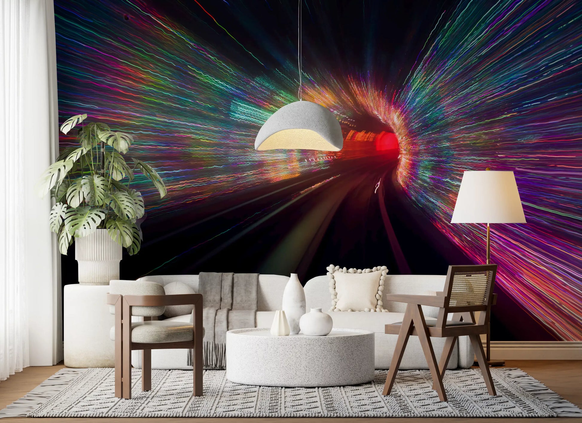 Lounge corner lit by the Warp Speed Lights tunnel wall mural