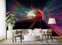 Lounge corner lit by the Warp Speed Lights tunnel wall mural