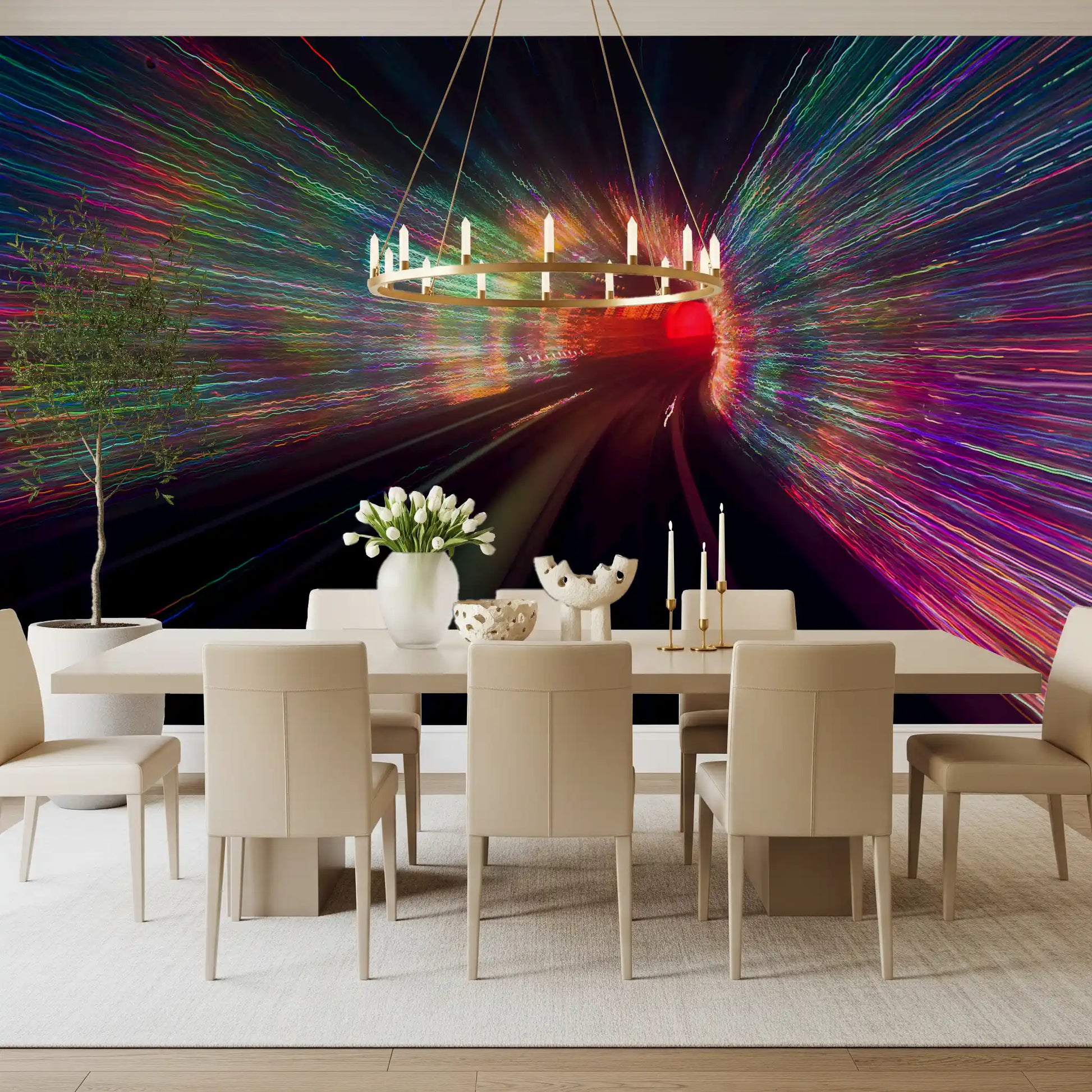 Dining area glowing under the colourful Warp Speed Lights wall mural