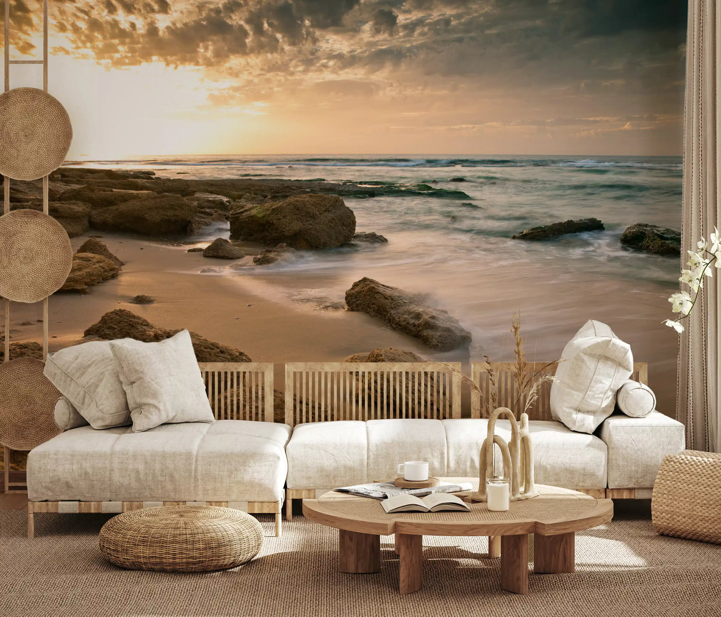 Wide living room view with Golden Quiet Shore wall mural along the back