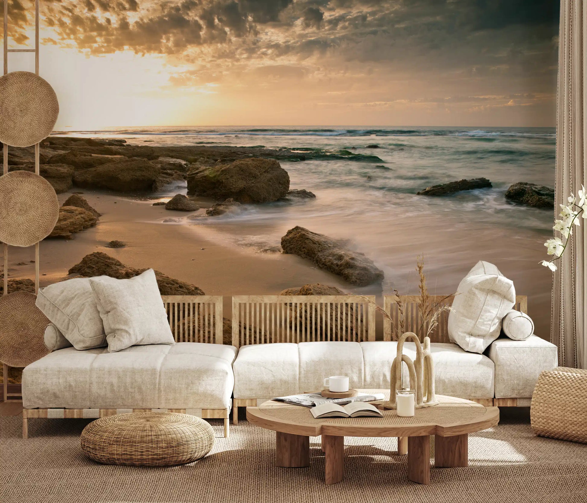 Wide living room view with Golden Quiet Shore wall mural along the back