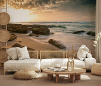 Wide living room view with Golden Quiet Shore wall mural along the back