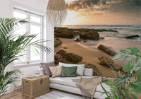 Golden Quiet Shore wall mural spanning a bright open living room