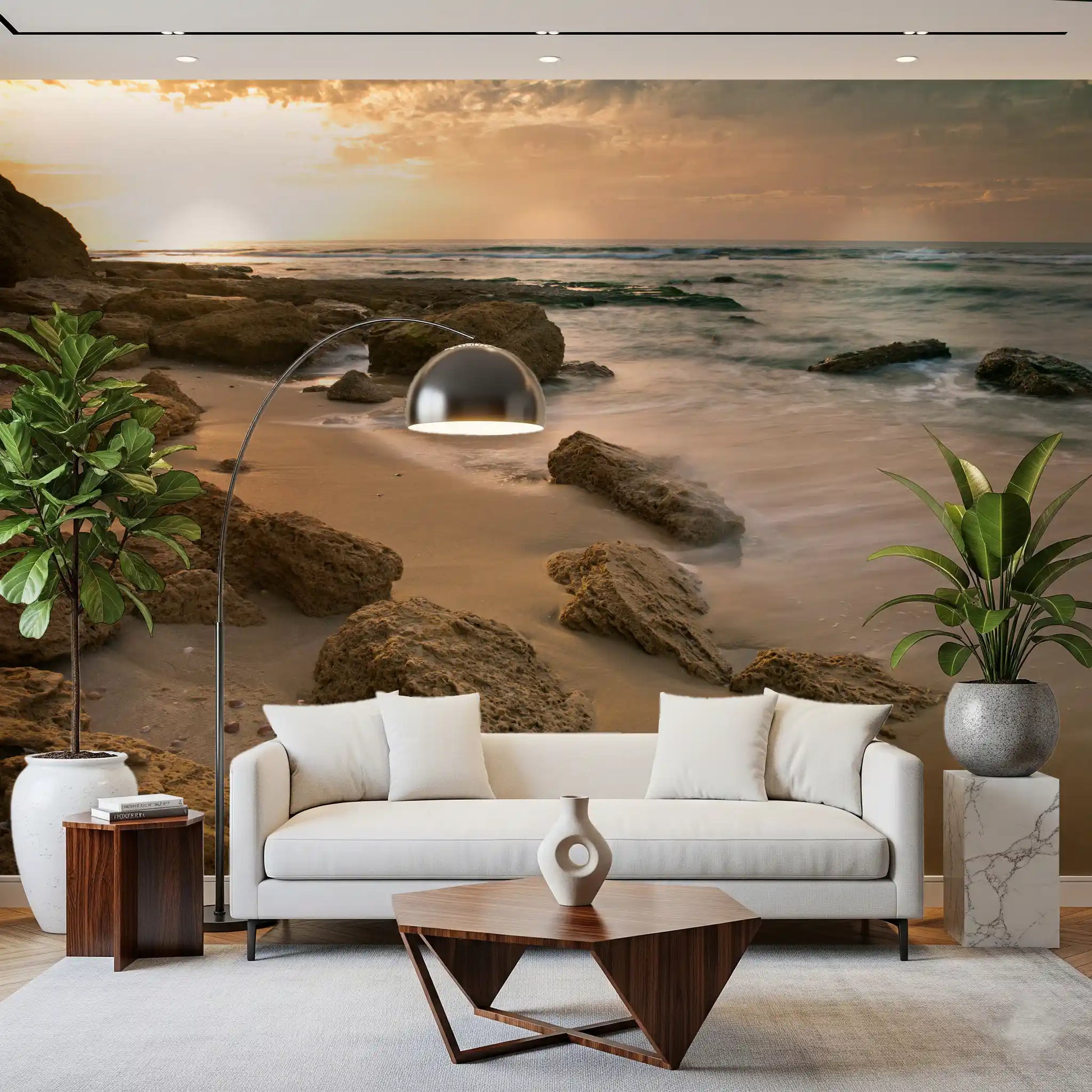 Living room styled with the Golden Quiet Shore wall mural