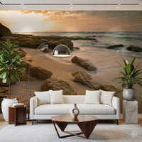 Living room styled with the Golden Quiet Shore wall mural