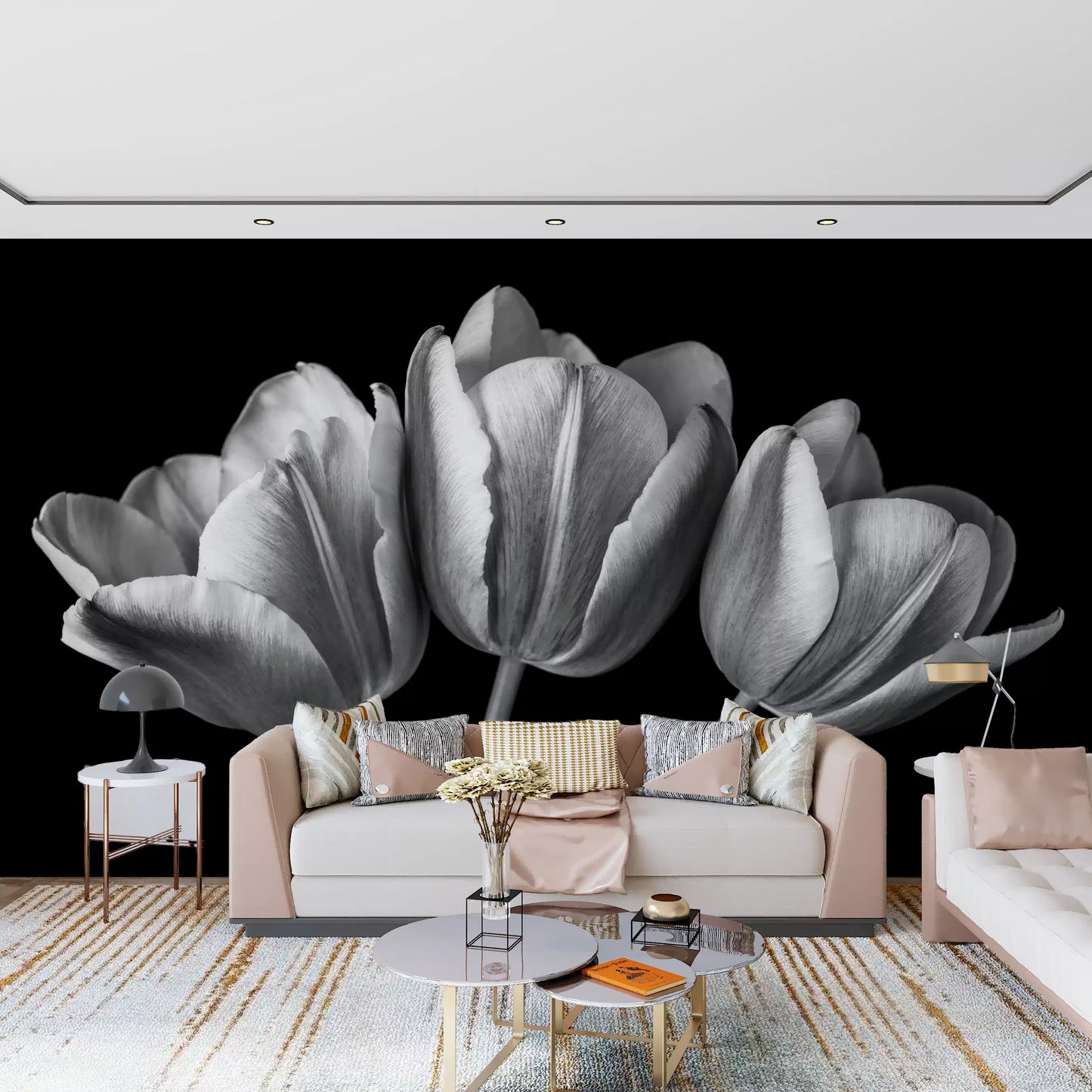Hallway view of the Tulip Shadows wall mural against a deep black ground