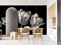 Dining room backdrop using the Elegant Tulip wall mural in grey and white