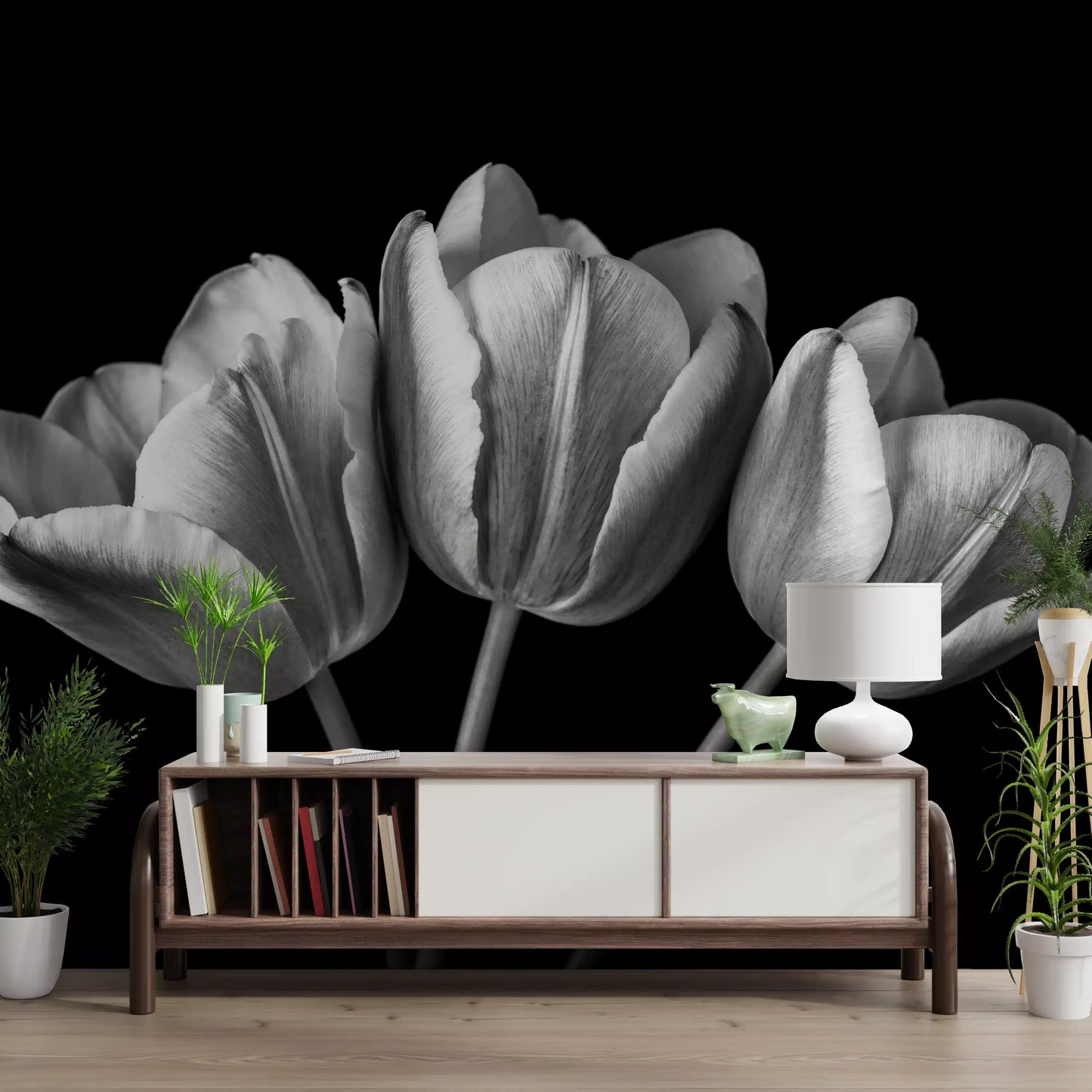 Lounge setting framed by a tulip wall mural in quiet monochrome tones