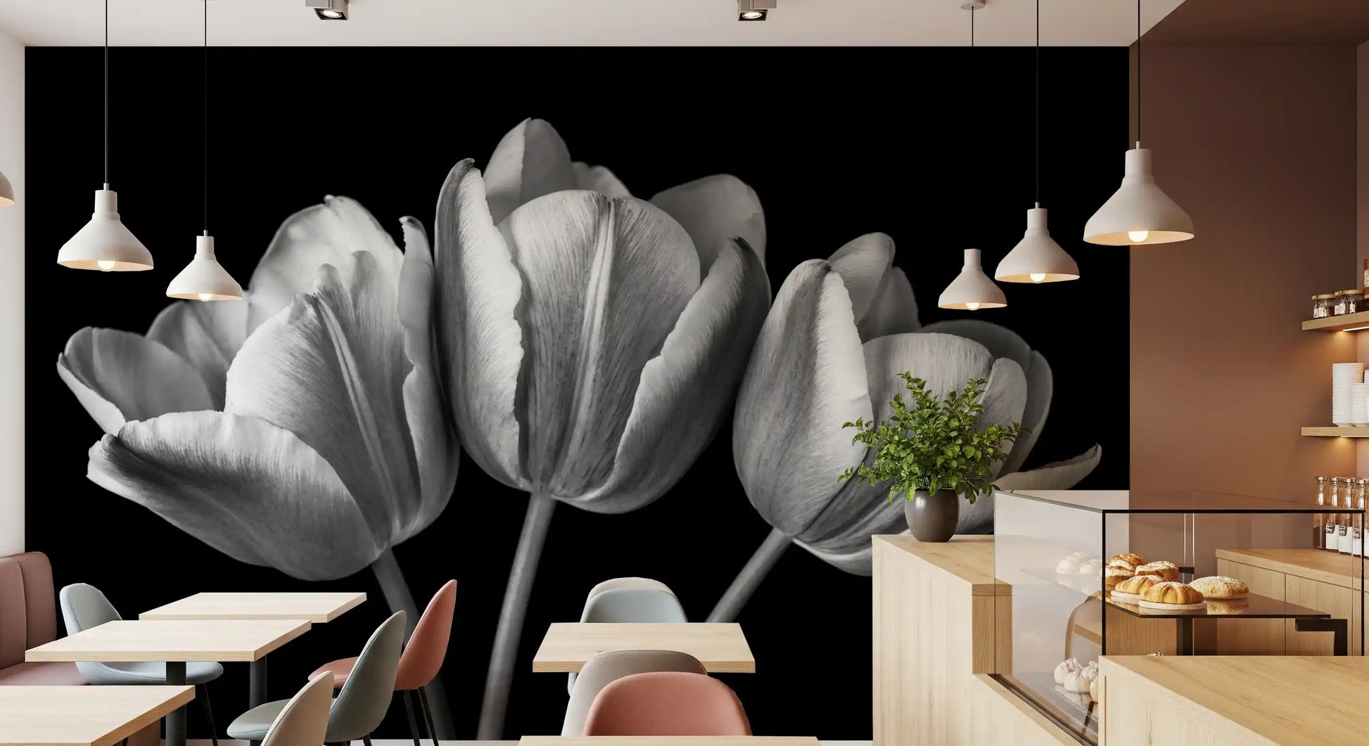 Three tulip blooms glow in grey against black in this floral wall mural