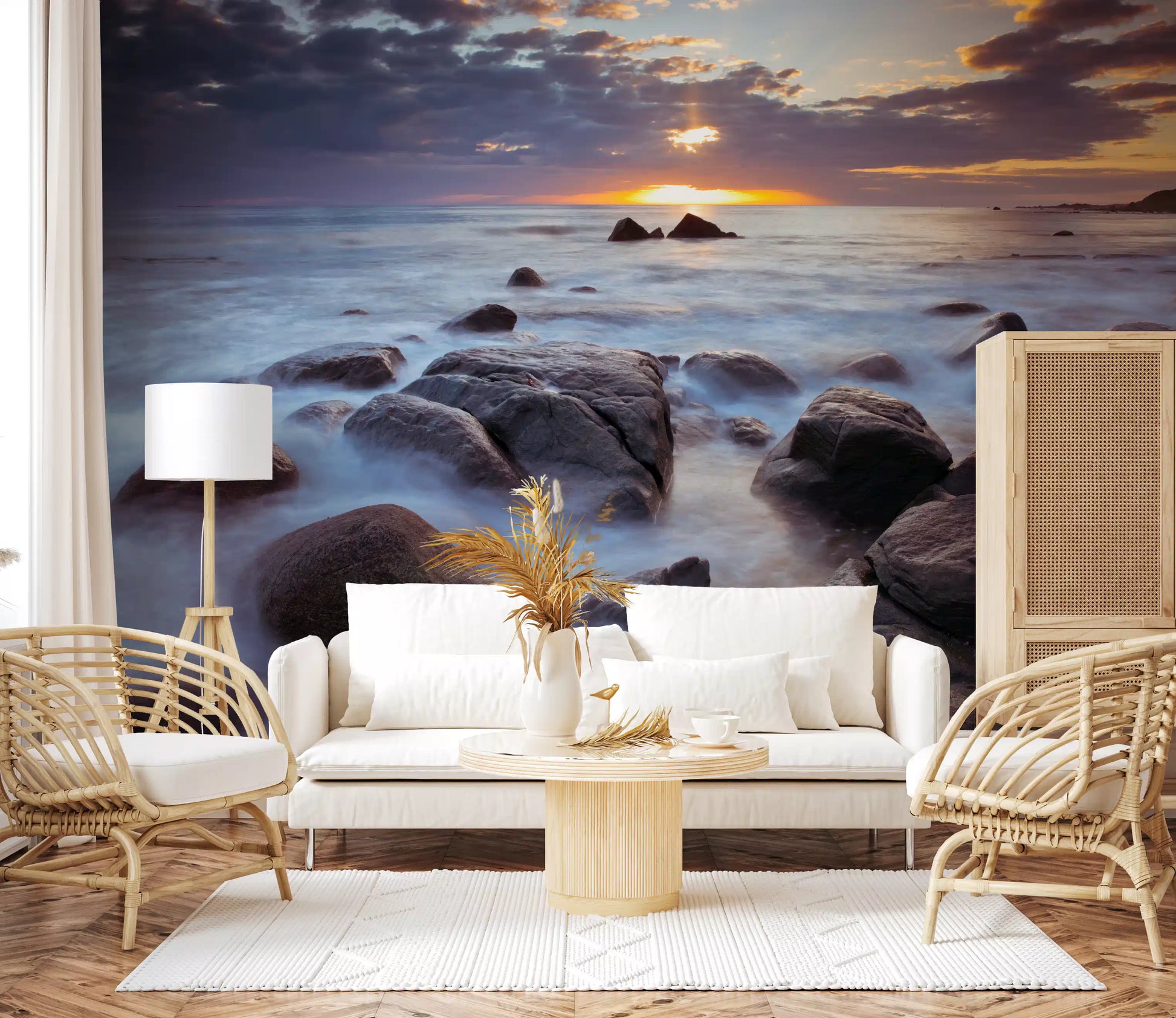 Lofoten Rocky Coastal Splendor wall mural with golden light over dark boulders