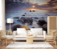 Lofoten Rocky Coastal Splendor wall mural with golden light over dark boulders