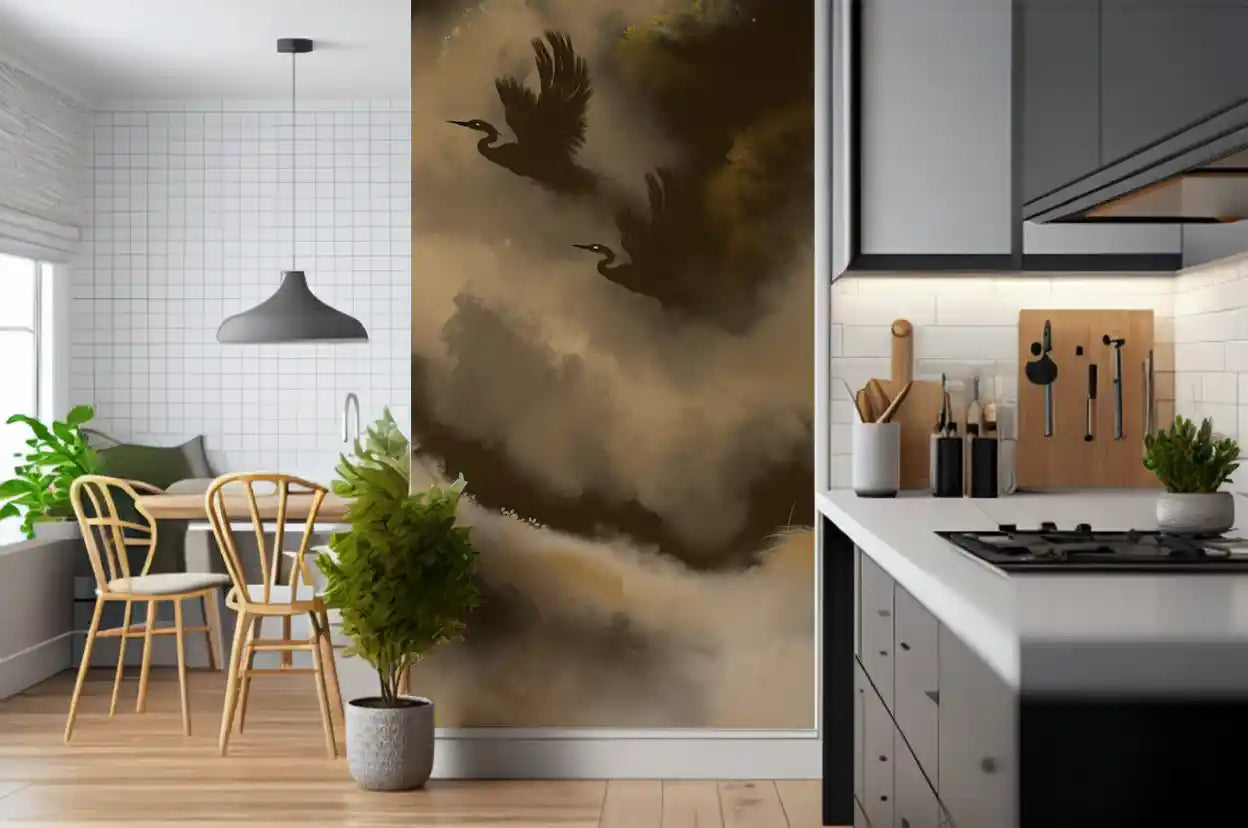 Dark heron silhouettes float across the Mystic Flight wall mural
