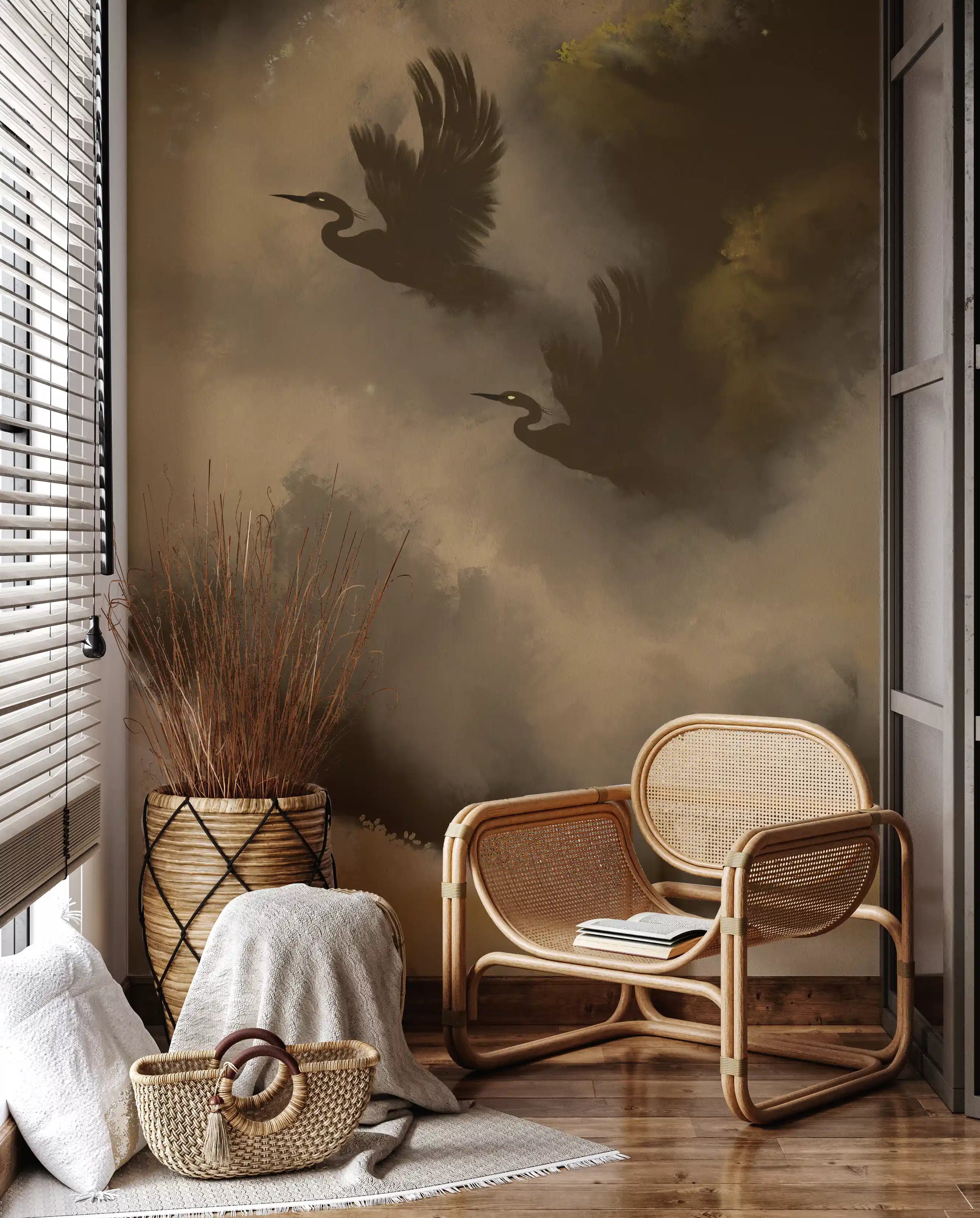 Painted herons rise through haze on the Mystic Flight wall mural