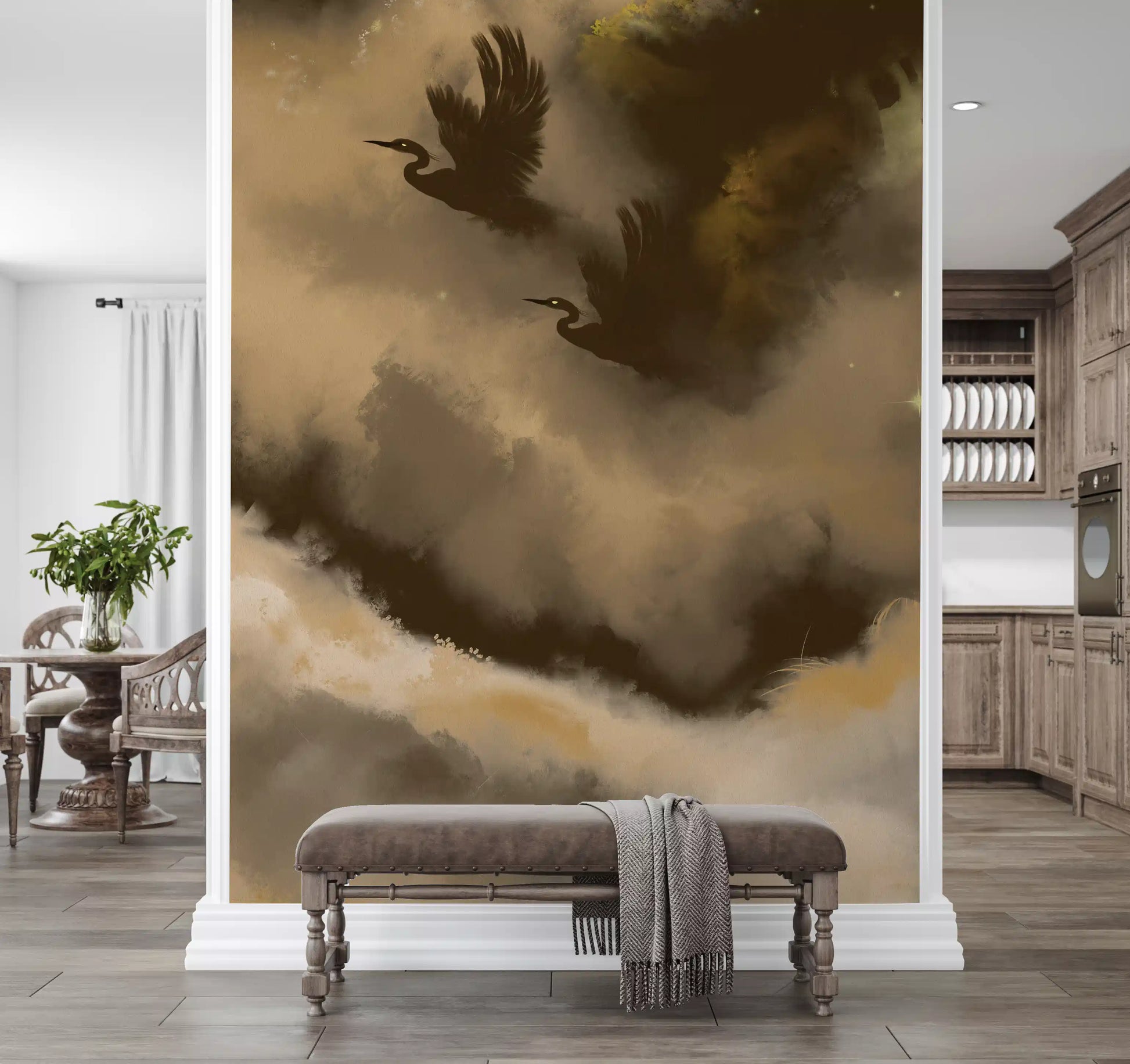 Two painted herons drift above a calm Hallway backdrops corner wall mural