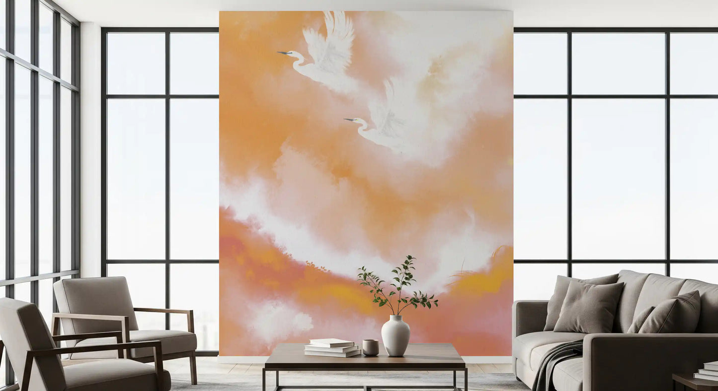 Hallway glowing under a peach dawn heron wall mural