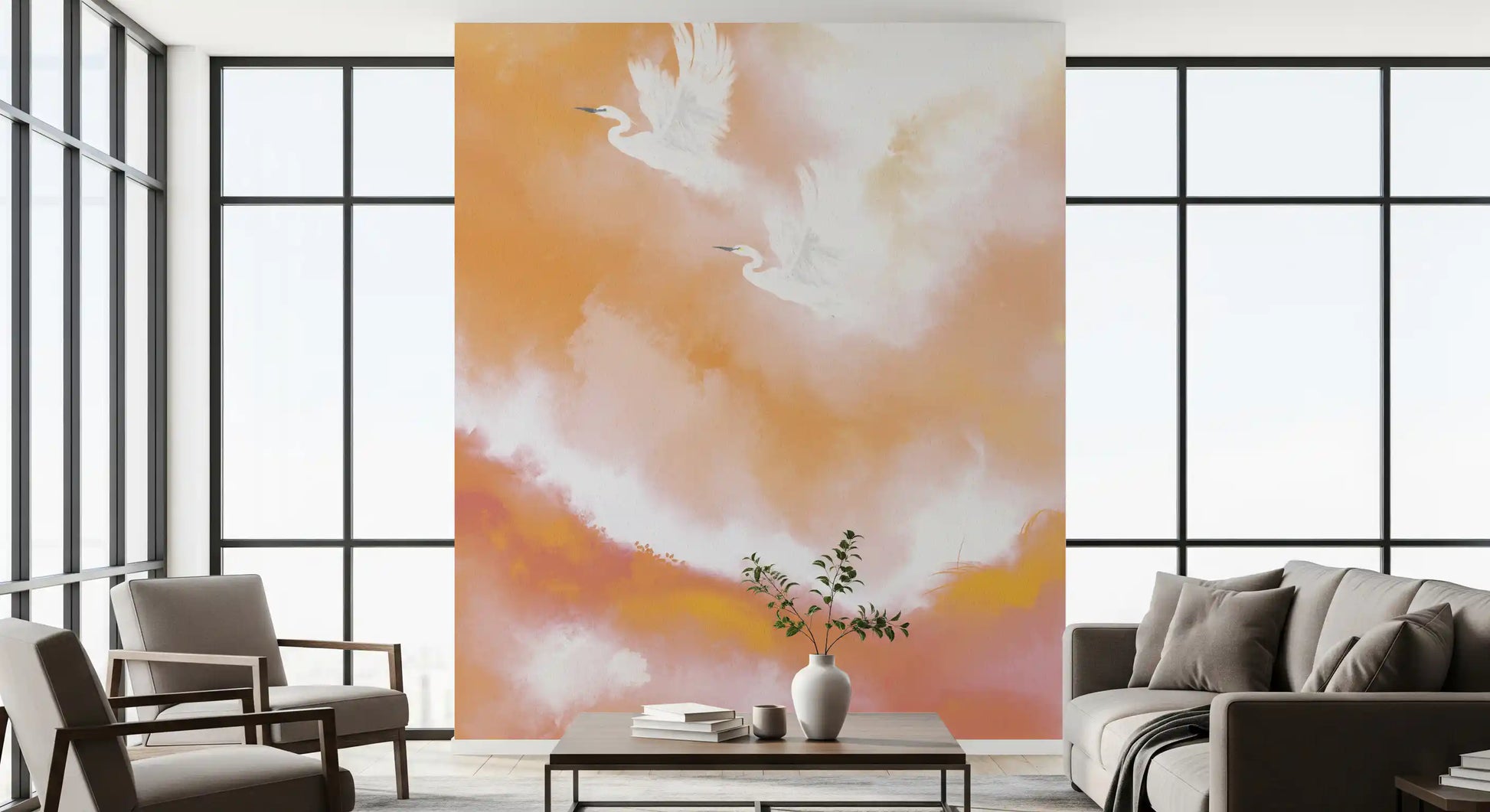 Hallway glowing under a peach dawn heron wall mural