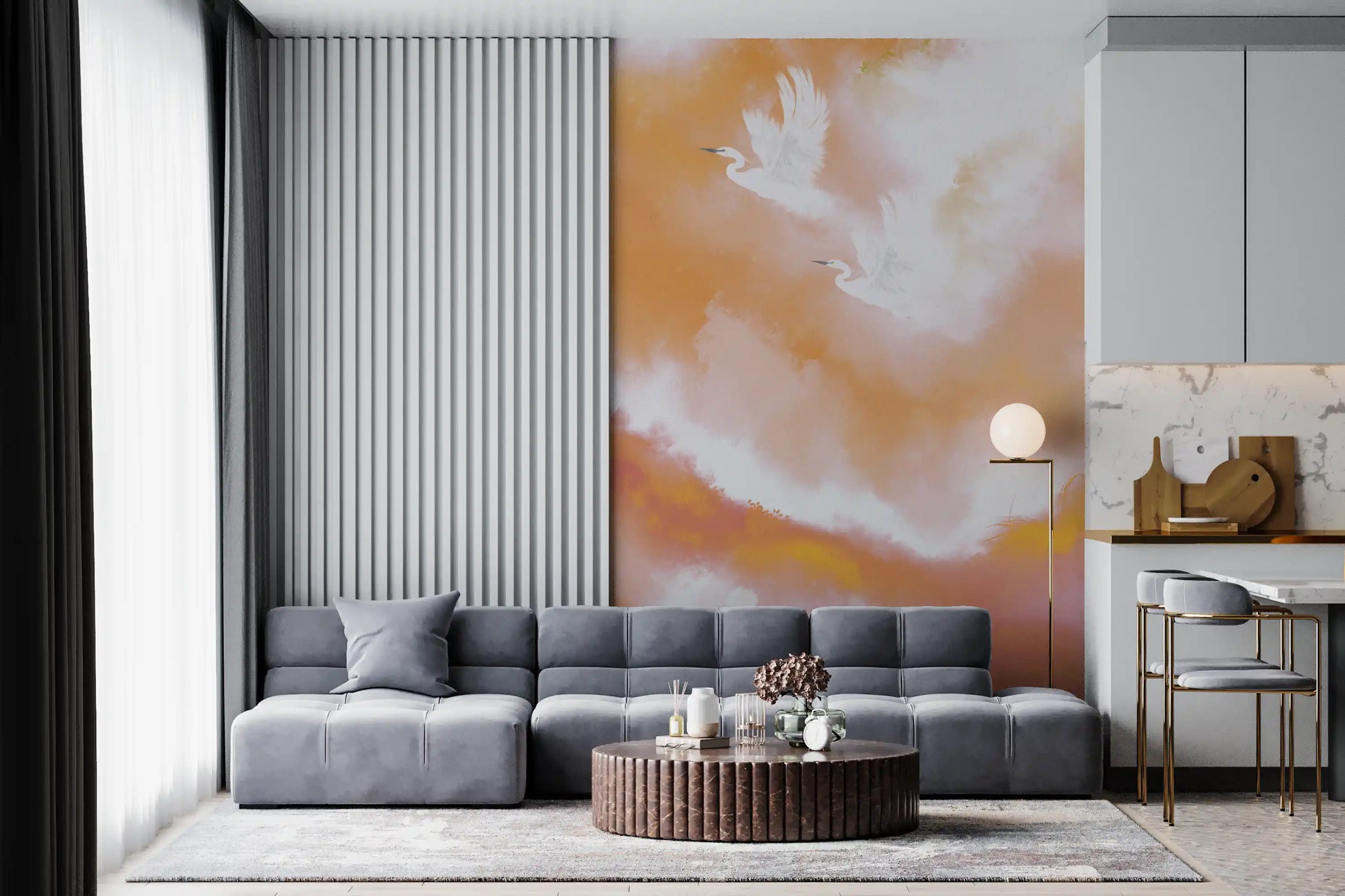 Living room with the Ethereal Flight at Dawn wall mural in warm tones
