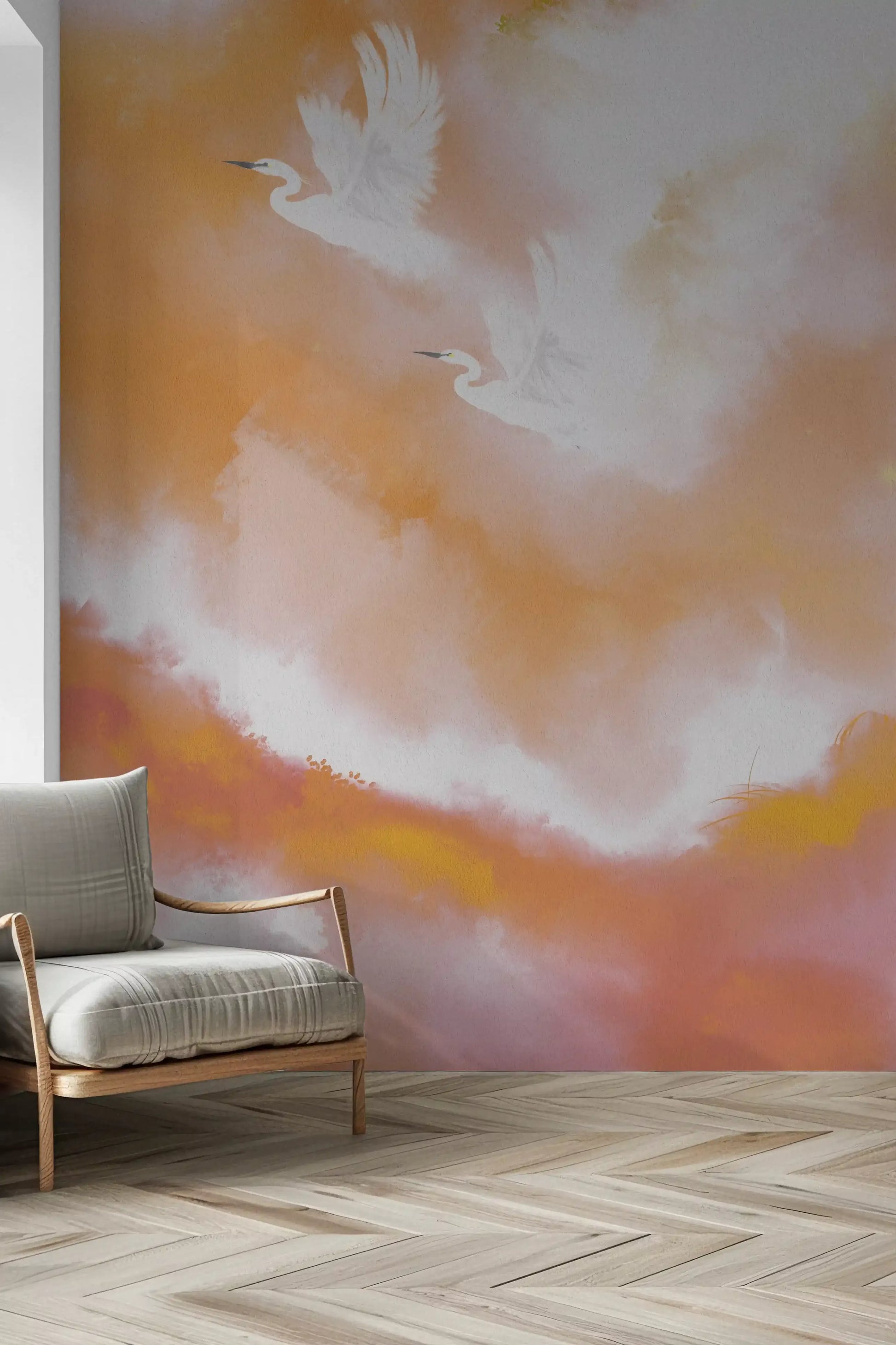 Living room set off by the watercolour heron wall mural at dawn