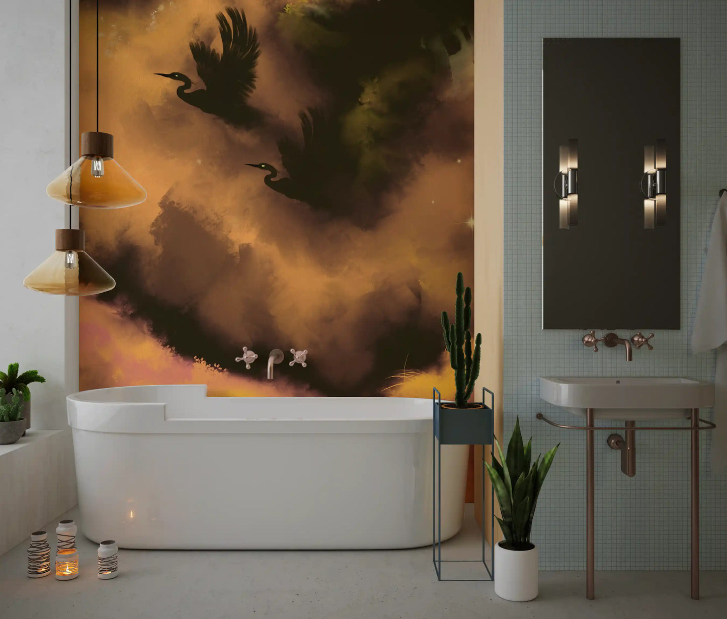 bathroom framed by the warm cloud tones of Ethereal Flight wall mural