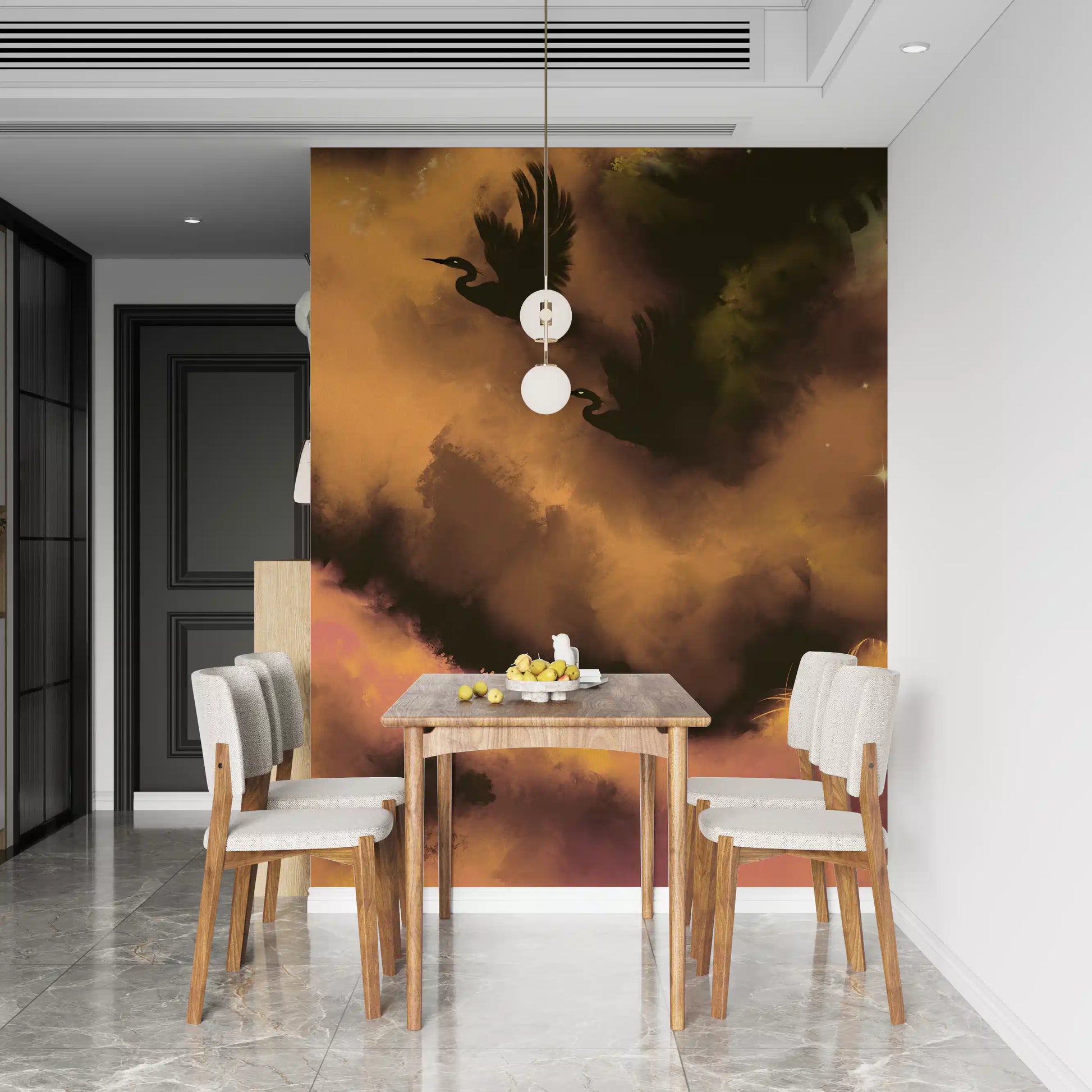 Two herons glide across the amber haze of the Ethereal Flight wall mural