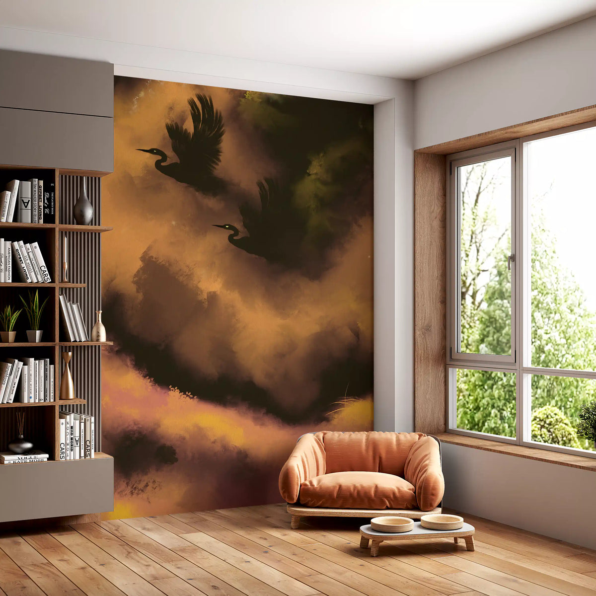 Living room with Ethereal Flight wall mural behind a curved sofa and shelving