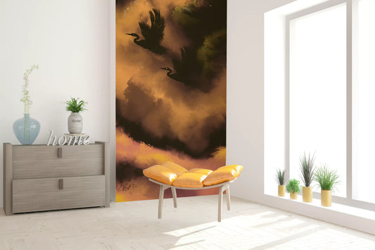 Living room corner showing the moody heron Ethereal Flight wall mural 