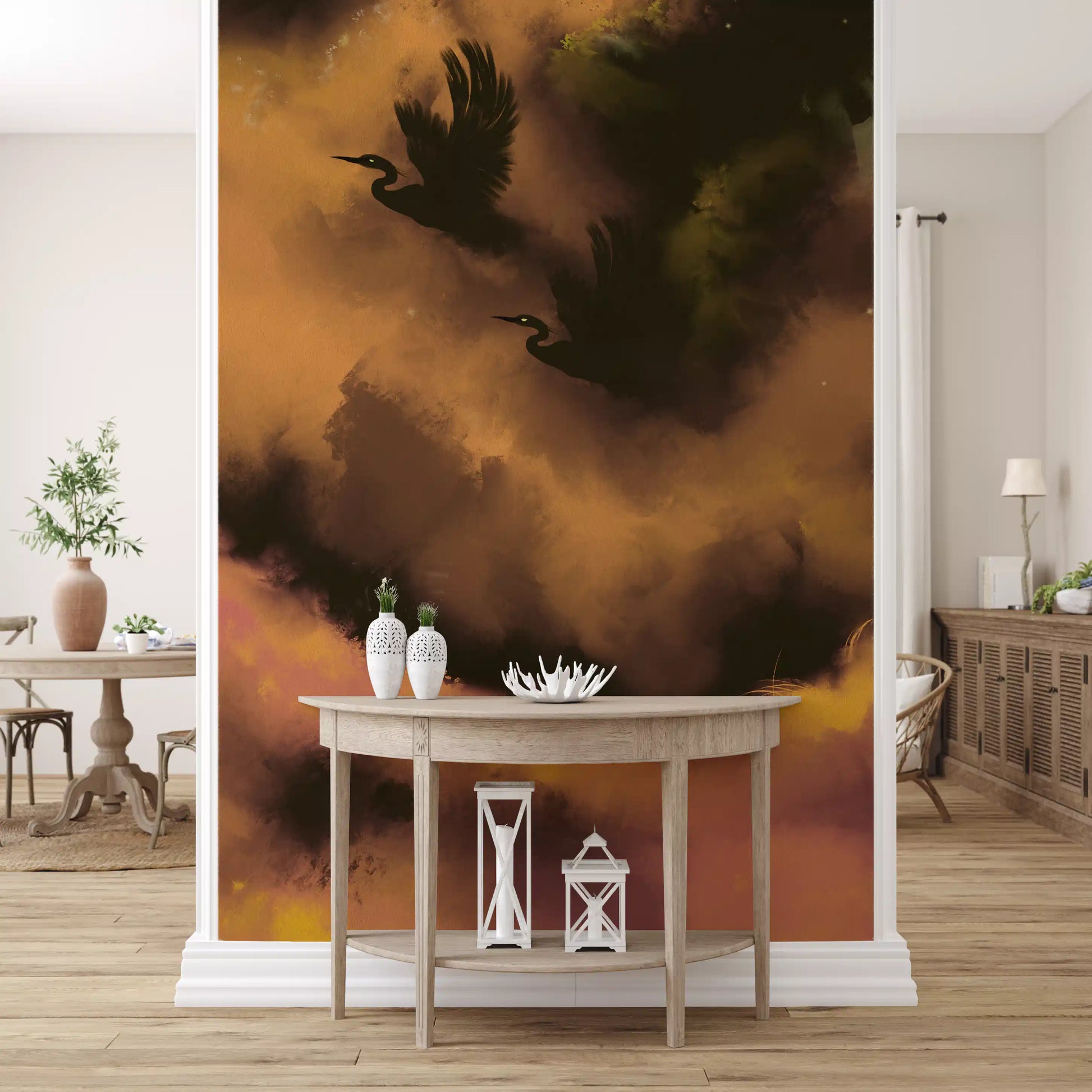 Painterly cloud washes drift through the Flight wall mural in gold and plum
