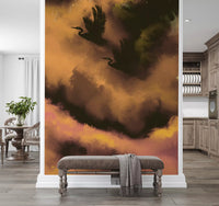 Lounge nook lit softly against the Ethereal Flight wall mural