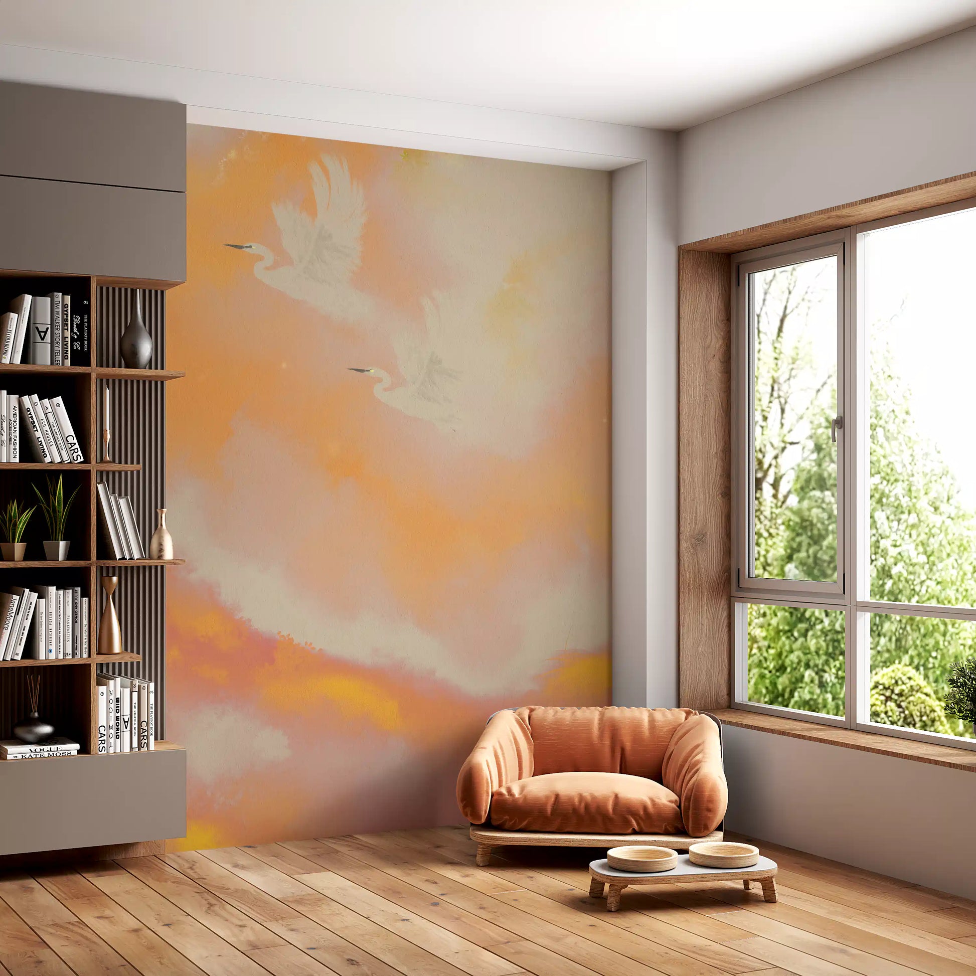 Pale herons rise toward open sky in this watercolour wall mural