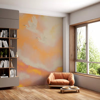 Pale herons rise toward open sky in this watercolour wall mural