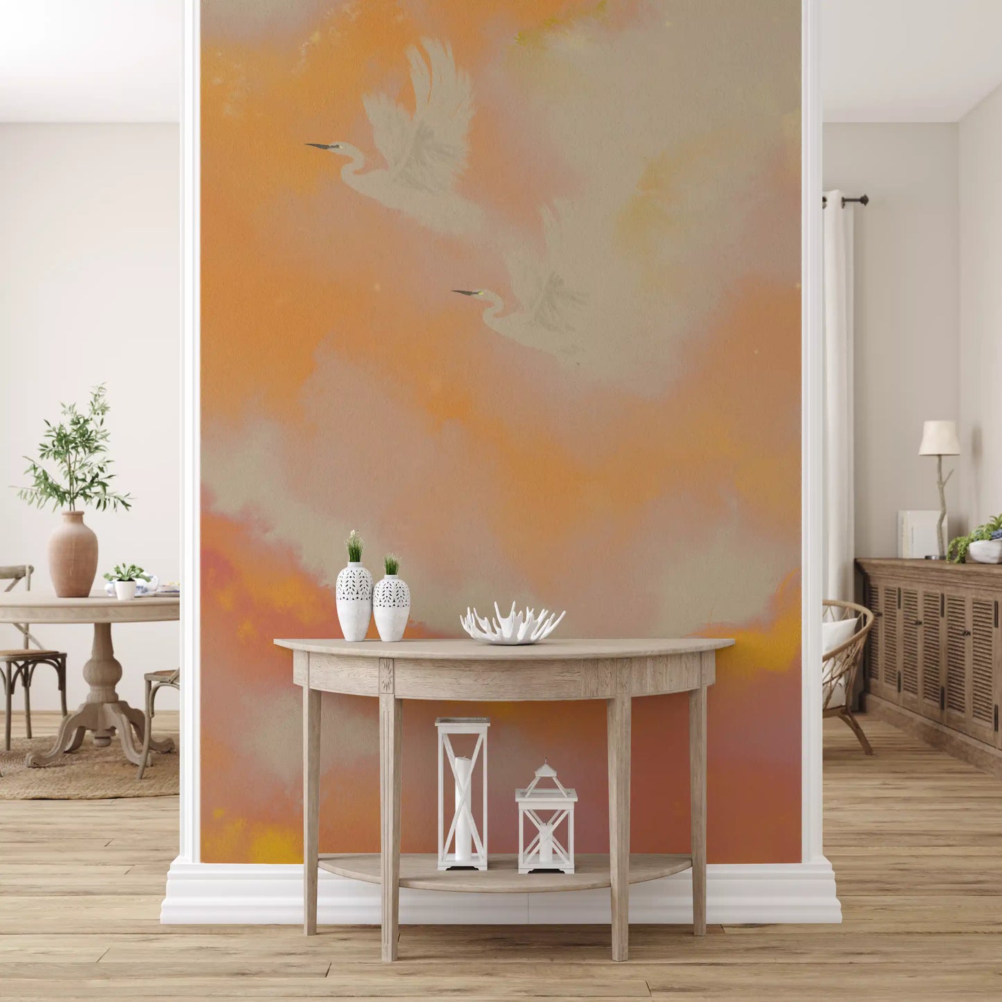 Soaring herons spread across a wall mural in a calm Hallway 