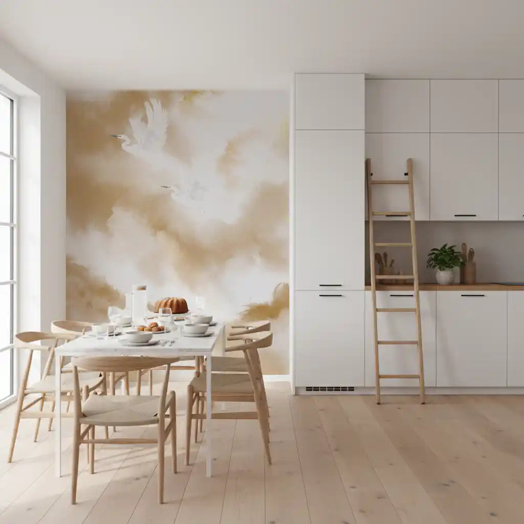 Flight of Serenity wall mural with two herons gliding through beige cloud