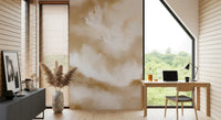 Home office showing the Serenity heron wall mural in warm neutral tones