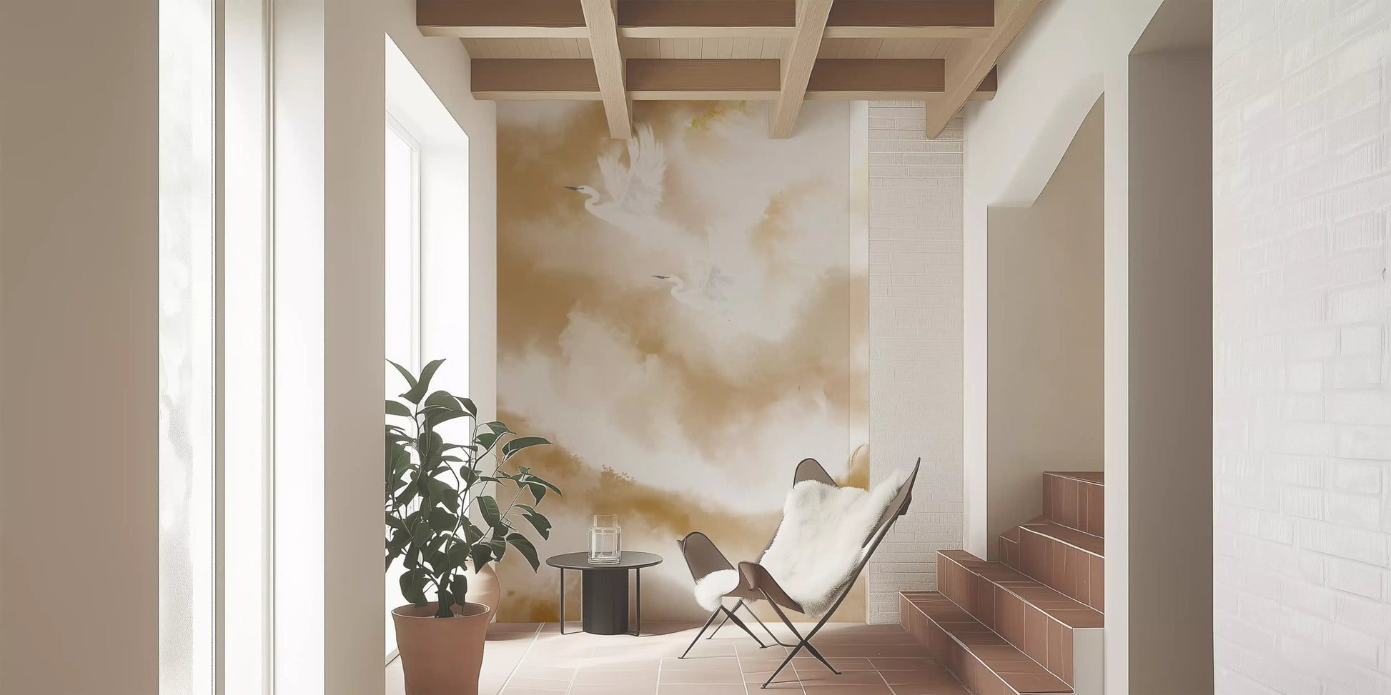 Beige and cream washes blend through the Flight of Serenity wall mural