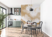 Dining area where the beige heron wall mural sets a quiet tone