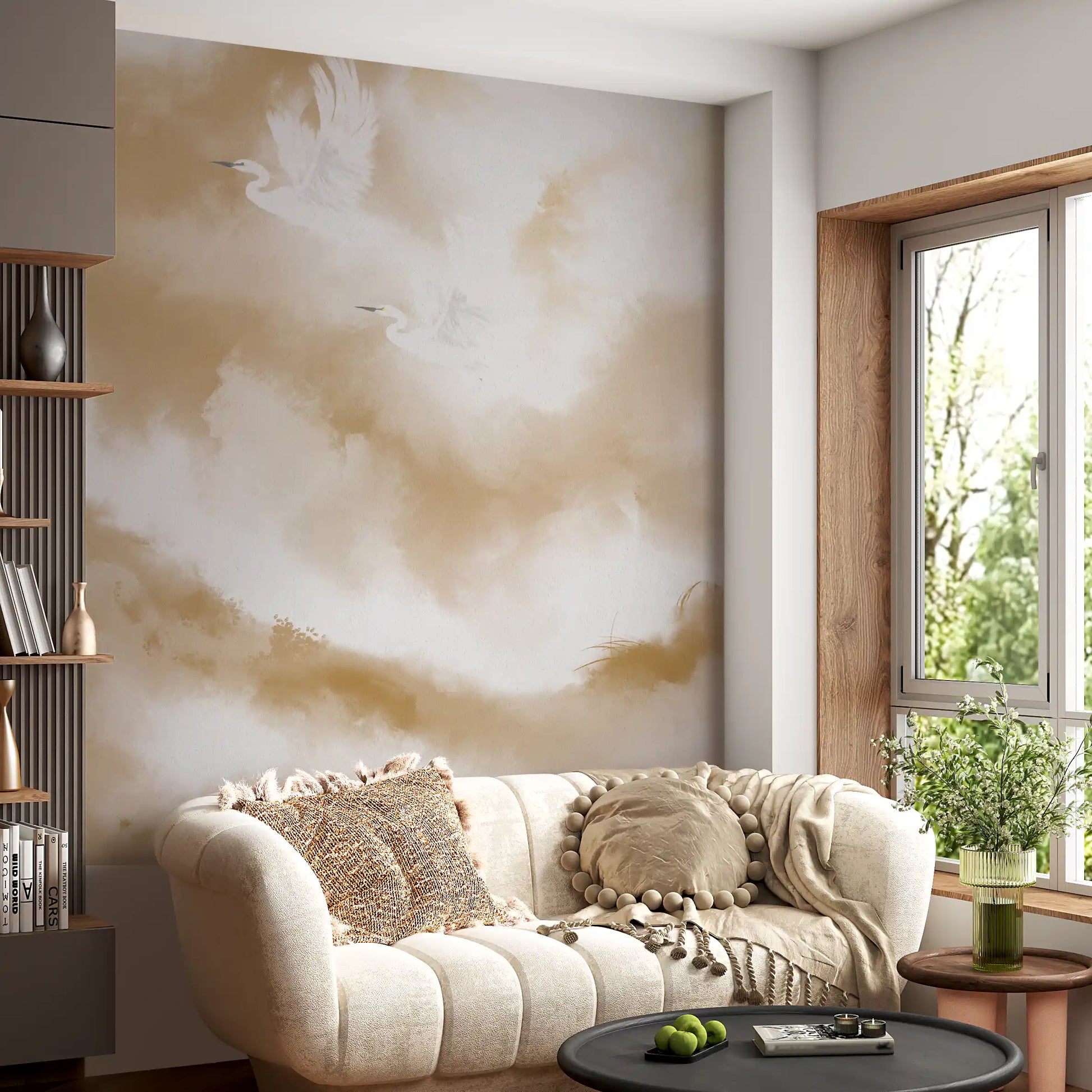Faint gold light tops the heron motif on this Serenity wall mural