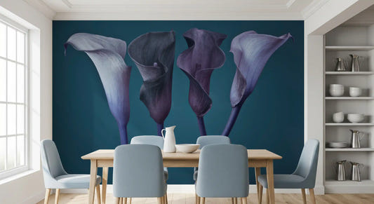 Dining room seating set against a moody calla bloom wall mural
