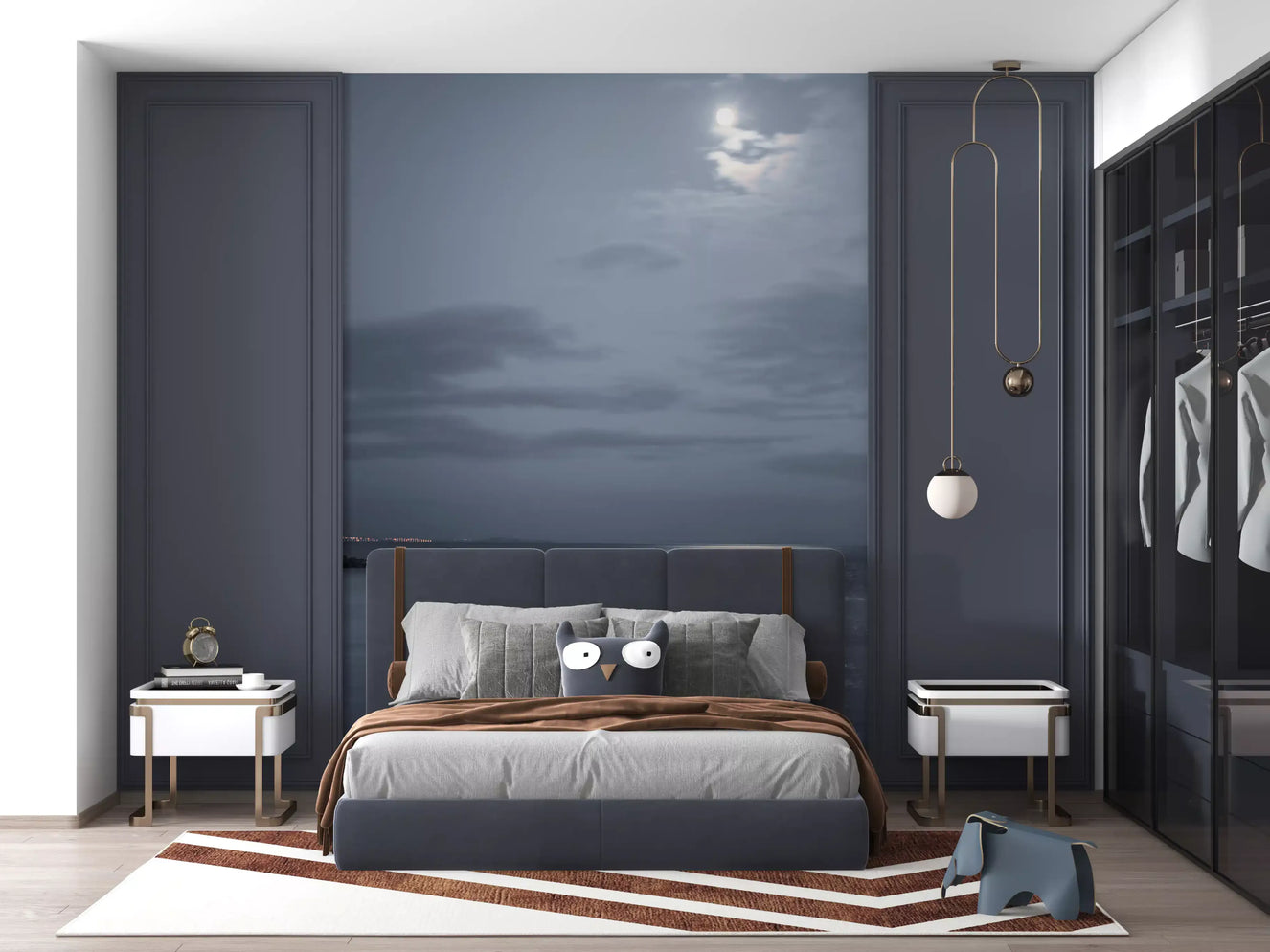 Moonlit Ocean Serenity wall mural set behind a bed in a deep blue bedroom