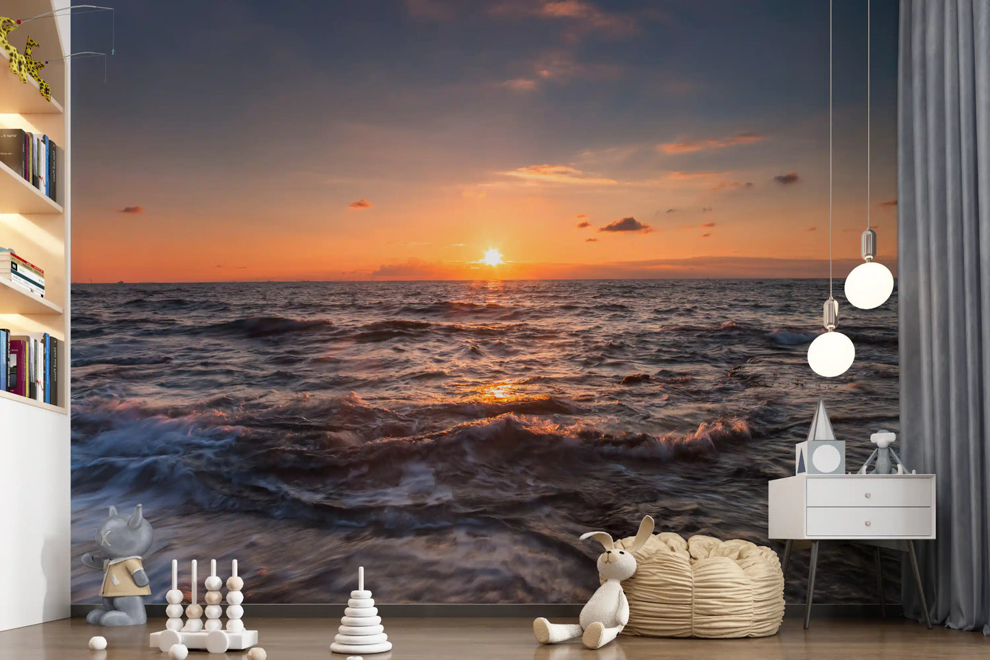 Orange light spilling across the sea on a Golden Horizon wall mural