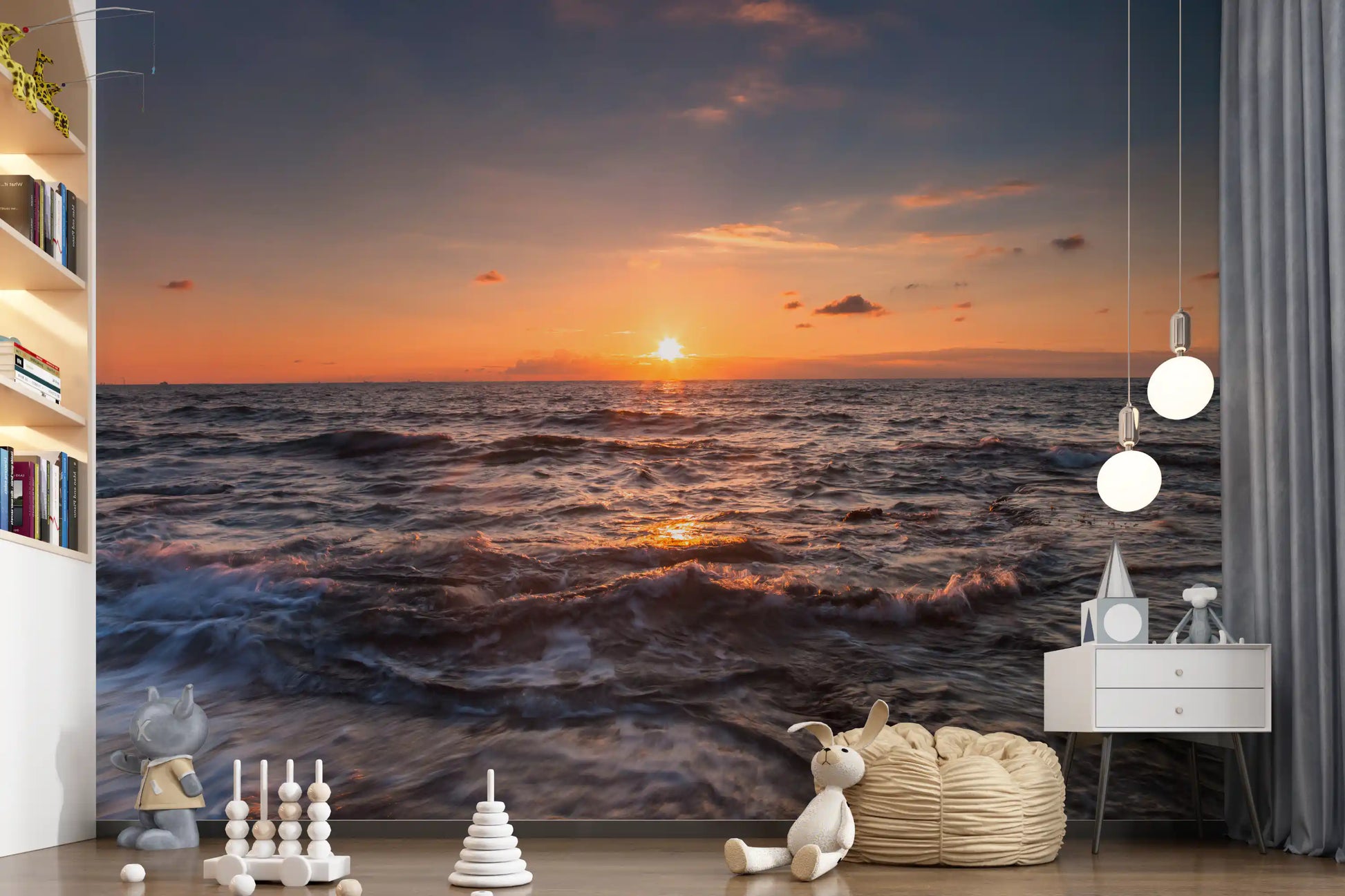 Orange light spilling across the sea on a Golden Horizon wall mural
