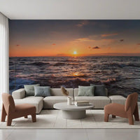 Hallway backed by the Golden Horizon Waves wall mural at last light
