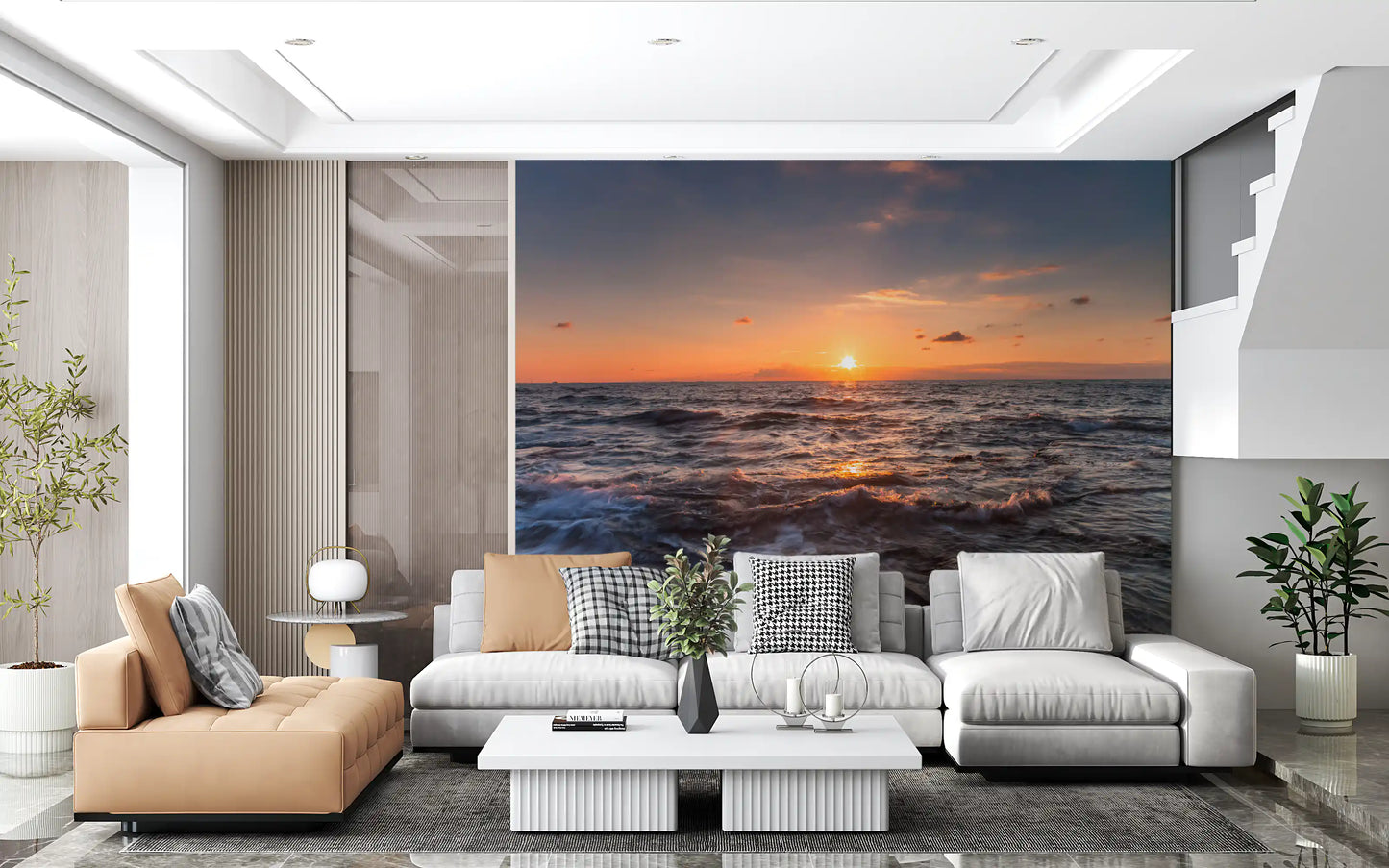 Bright lounge wearing the Waves ocean sunset wall mural as its focal feature
