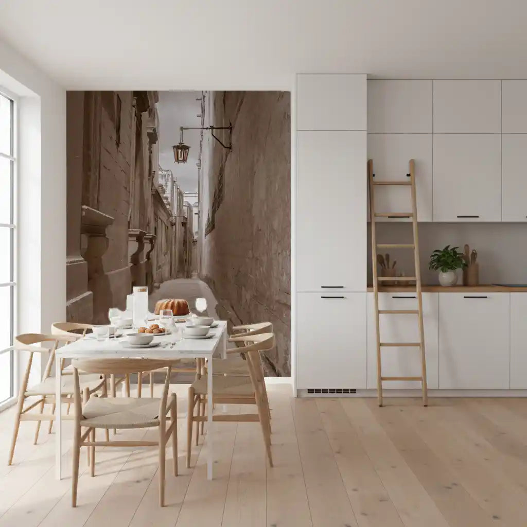 Paved lane recedes through the sepia Stone Passage wall mural