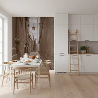 Paved lane recedes through the sepia Stone Passage wall mural