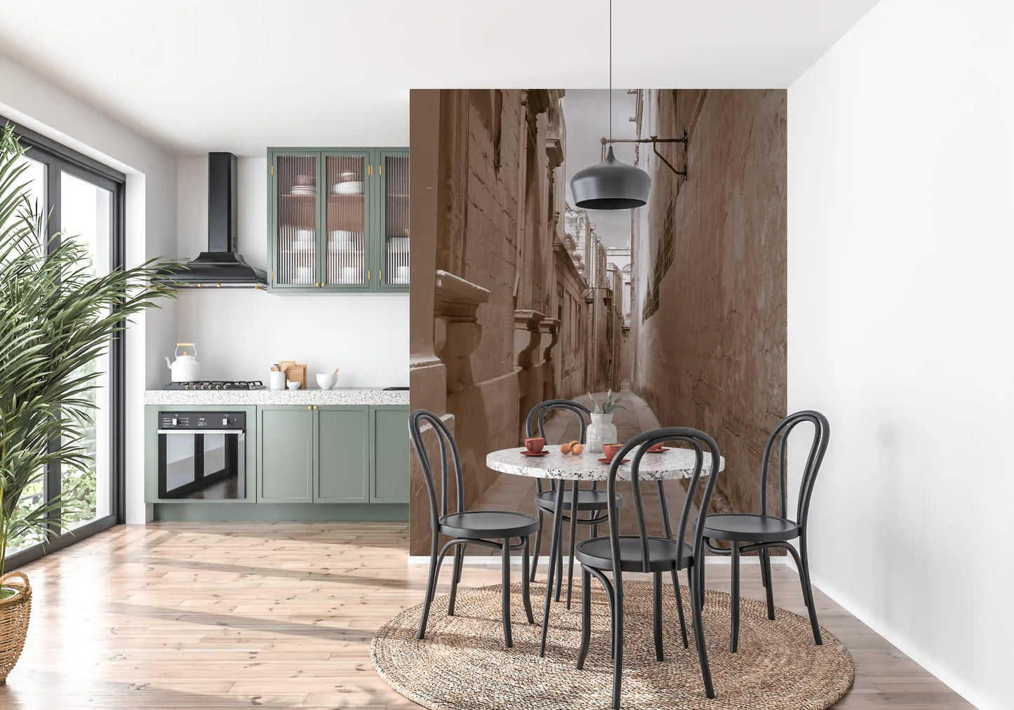Weathered masonry lines both sides of this vintage wall mural