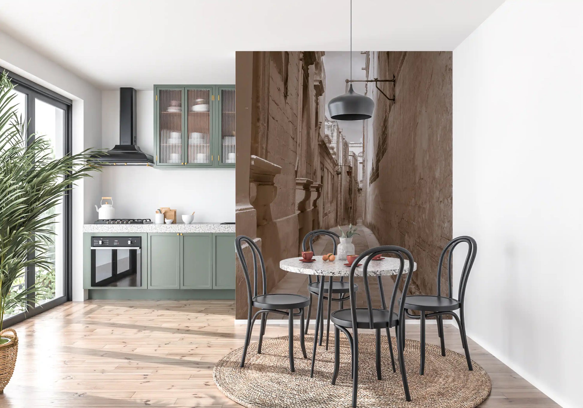 Weathered masonry lines both sides of this vintage wall mural