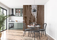 Weathered masonry lines both sides of this vintage wall mural