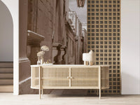 Narrow alley wall mural sets a quiet mood in a entryway 