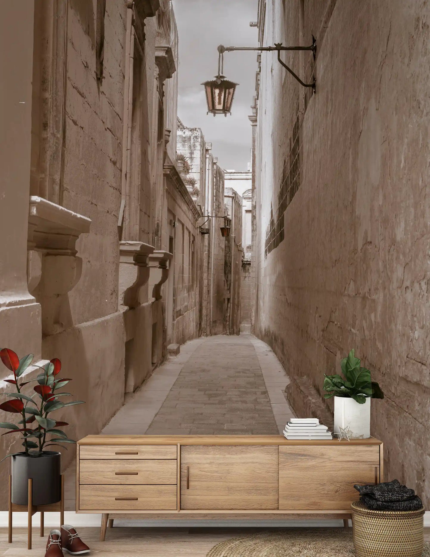 Tall facades narrow toward sky in the Stone Passage wall mural